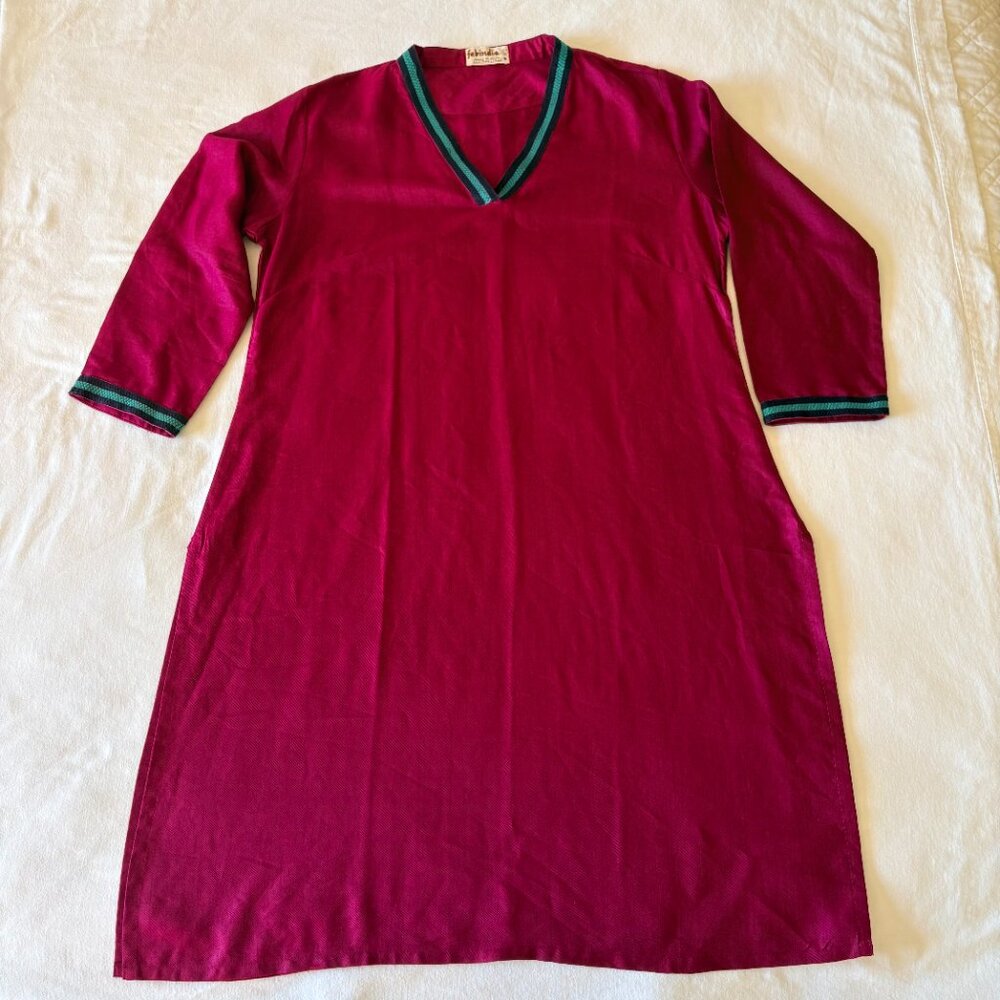 Fabindia Silk Blend A-Line Dress Women’s L Magenta Teal Navy Blue Trim Artisan - Picture 2 of 6